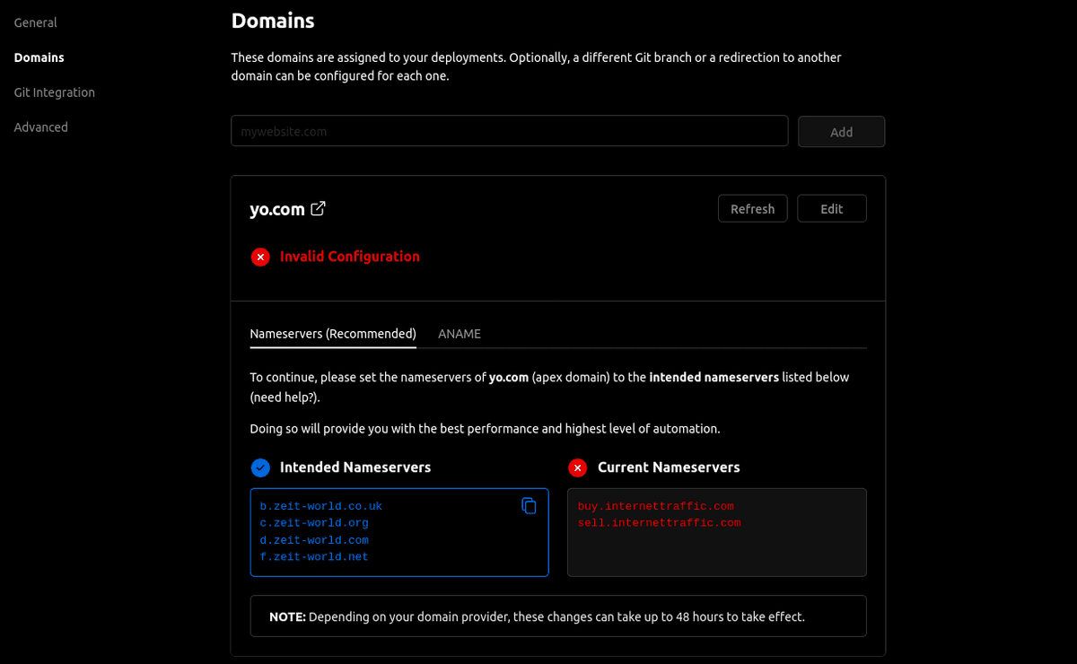 vercel domains settings